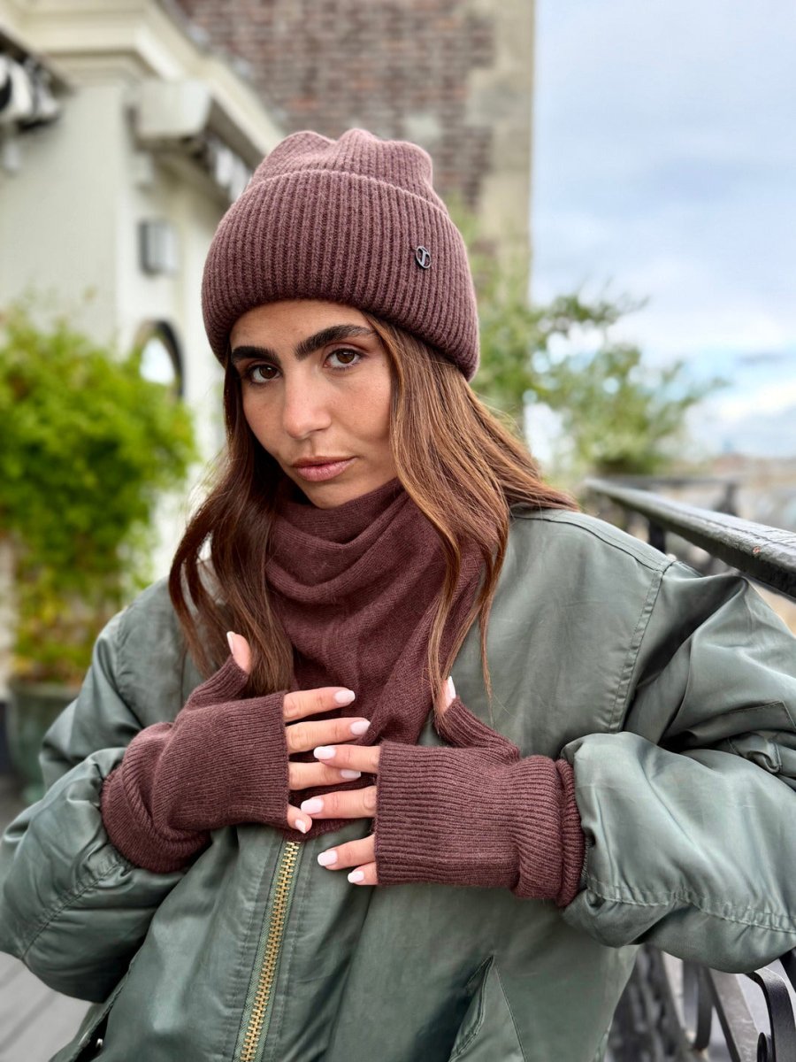 Coffret Triangle Bandana, Bonnet & Mitaines en Laine et Cachemire Choco - Joe & Mey