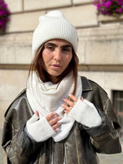 Coffret Triangle Bandana, Bonnet & Mitaines en Laine et Cachemire Ecru - Joe & Mey