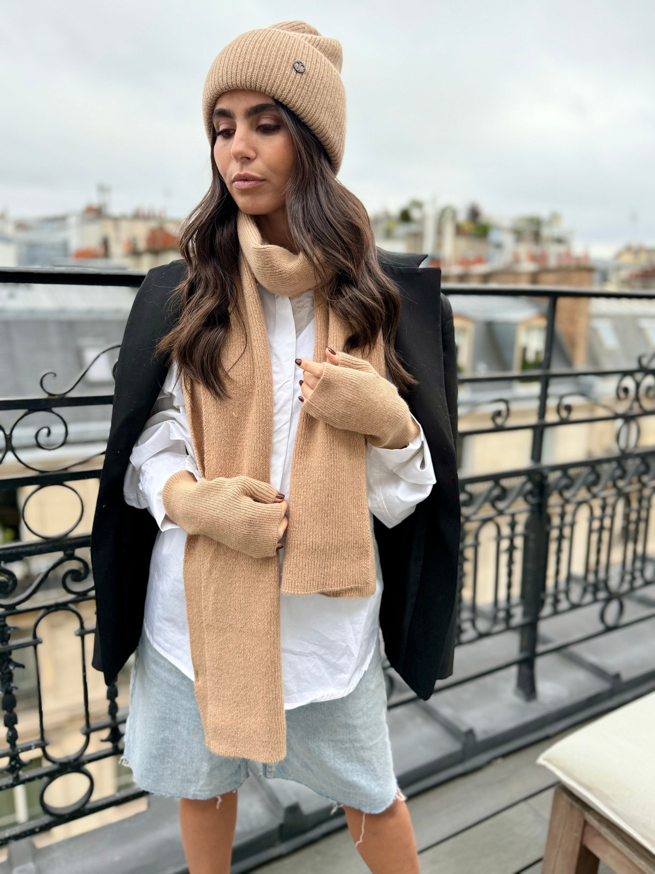 Coffret Écharpe, Bonnet et Mitaines en Laine et Cachemire Camel