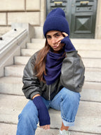 Coffret Triangle Bandana, Bonnet & Mitaines en Laine et Cachemire Bleu Marine