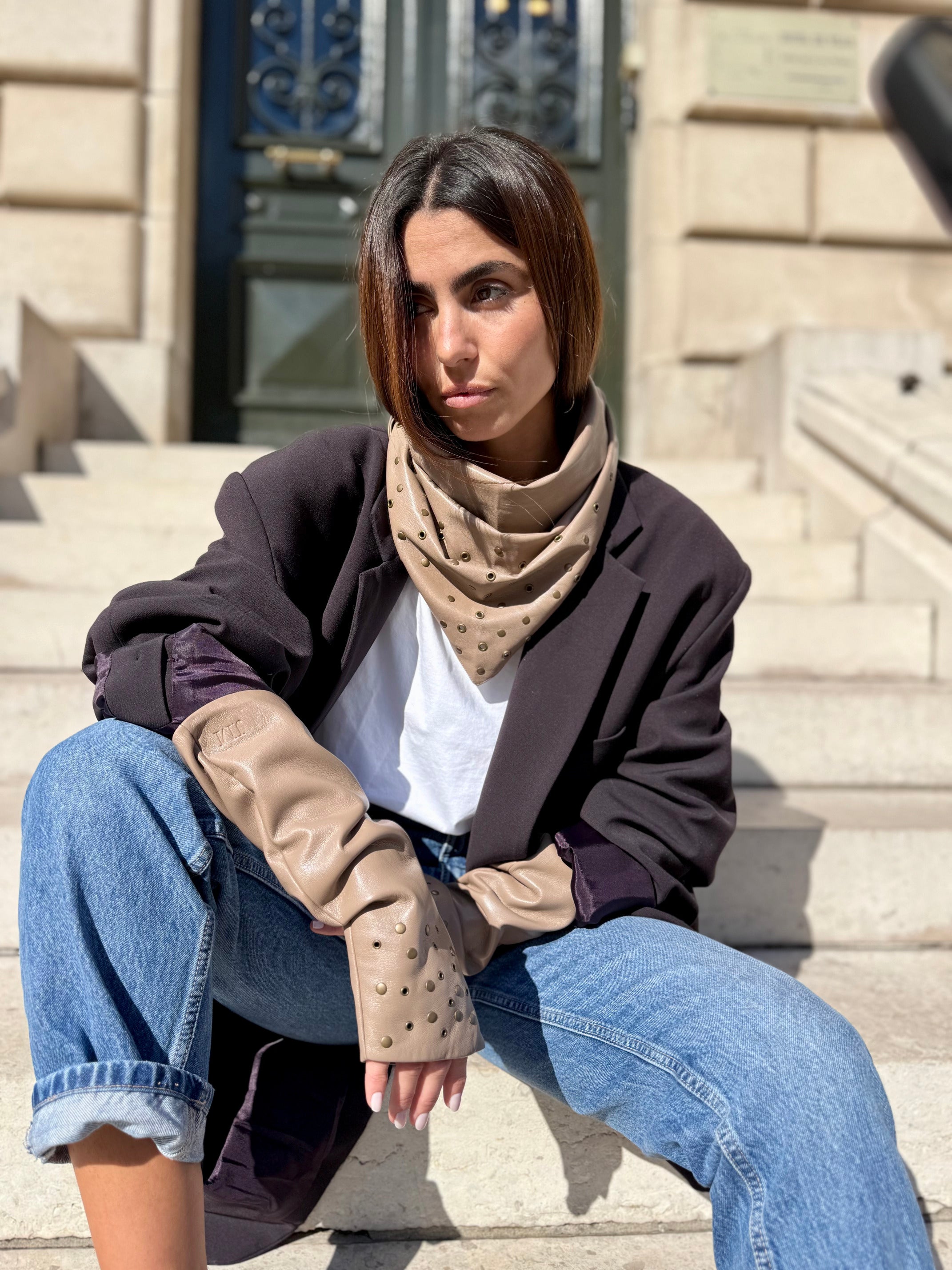 Mitaines longues vegan effet cuir Oeillet Taupe