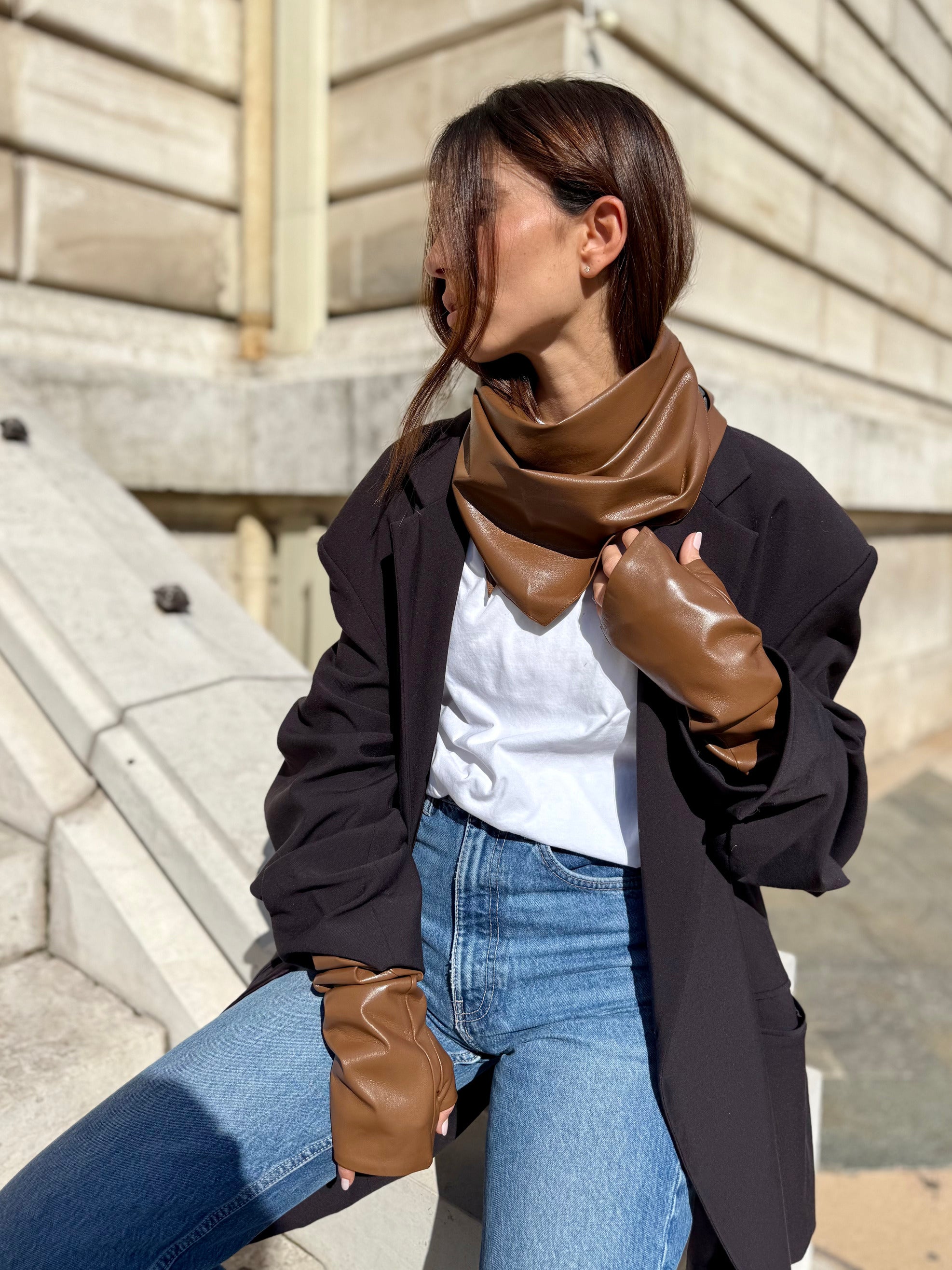 Coffret Triangle & Mitaines effet cuir vegan Camel