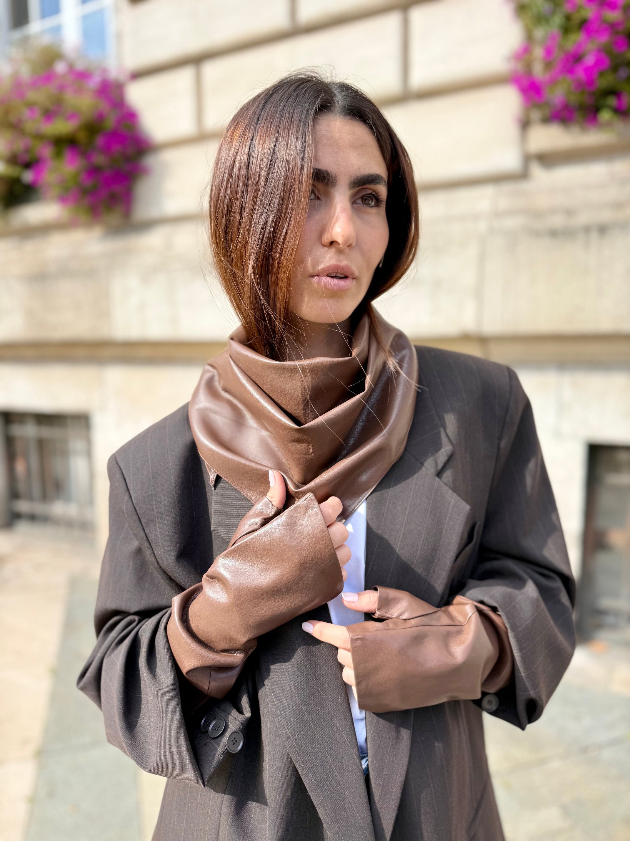 Coffret Triangle & Mitaines effet cuir vegan Choco