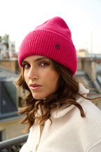 Bonnet, écharpe et mitaines en laine et cachemire – Fuchsia – vue 1