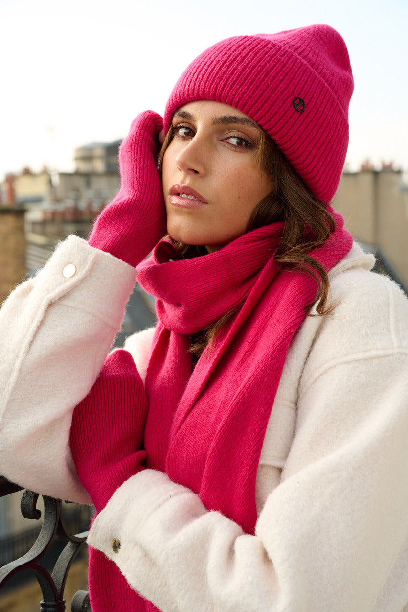 Bonnet, écharpe et mitaines en laine et cachemire – Fuchsia – vue 5