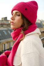 Bonnet, écharpe et mitaines en laine et cachemire – Fuchsia – vue 9