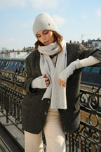 Bonnet, écharpe et mitaines en laine et cachemire – Gris chiné clair – vue 1