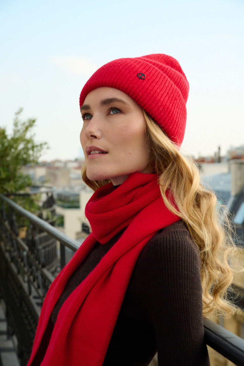 Bonnet, écharpe et mitaines en laine et cachemire – Rouge – vue 2