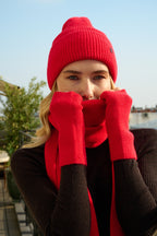 Bonnet, écharpe et mitaines en laine et cachemire – Rouge – vue 3
