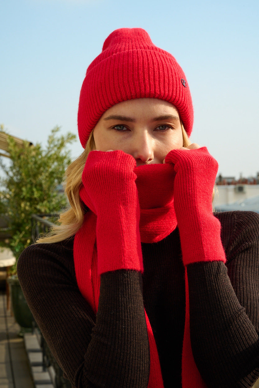 Bonnet, écharpe et mitaines en laine et cachemire – Rouge – vue 3