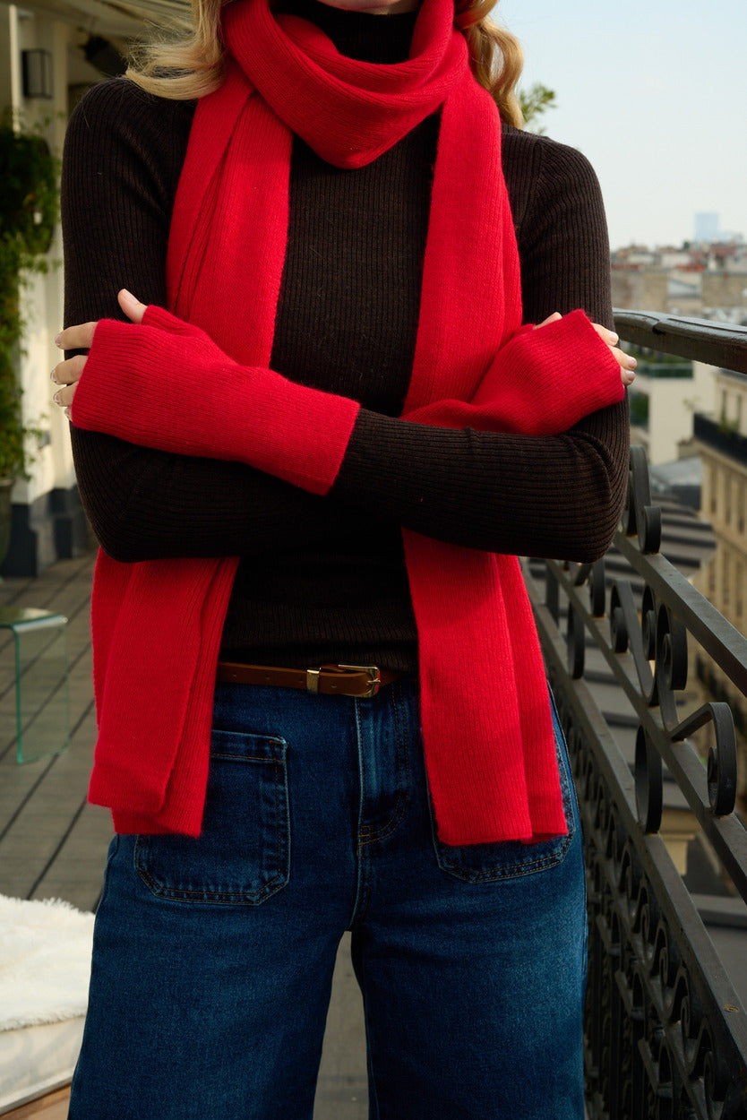 Bonnet, écharpe et mitaines en laine et cachemire – Rouge – vue 8