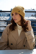 Bonnet à revers en acrylique – Beige / Jaune – vue 1