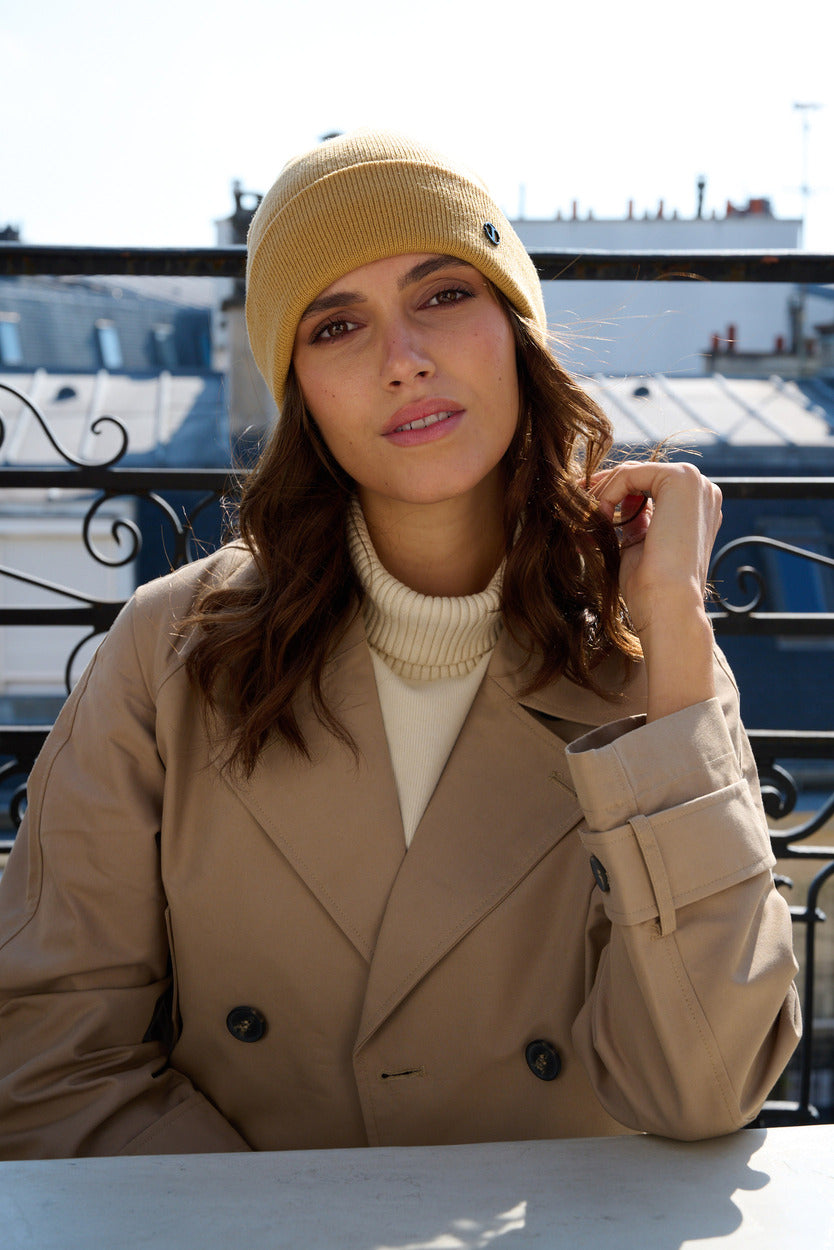 Bonnet à revers en acrylique – Beige / Jaune – vue 2