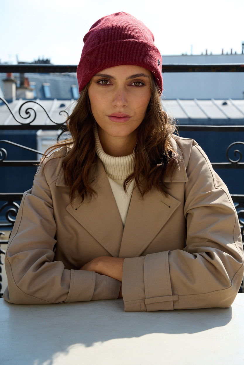 Bonnet à revers en acrylique – Bordeaux chiné