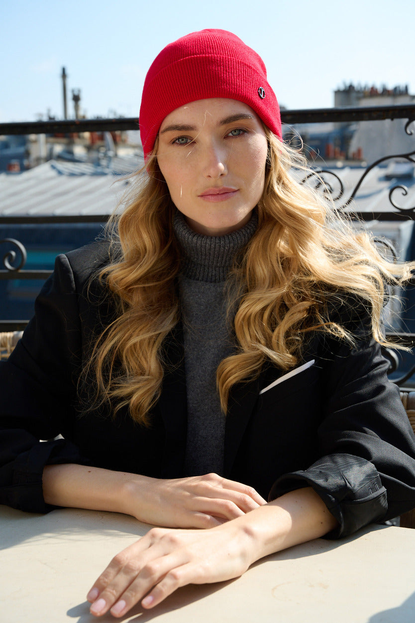 Bonnet à revers en acrylique – Rouge – vue 2
