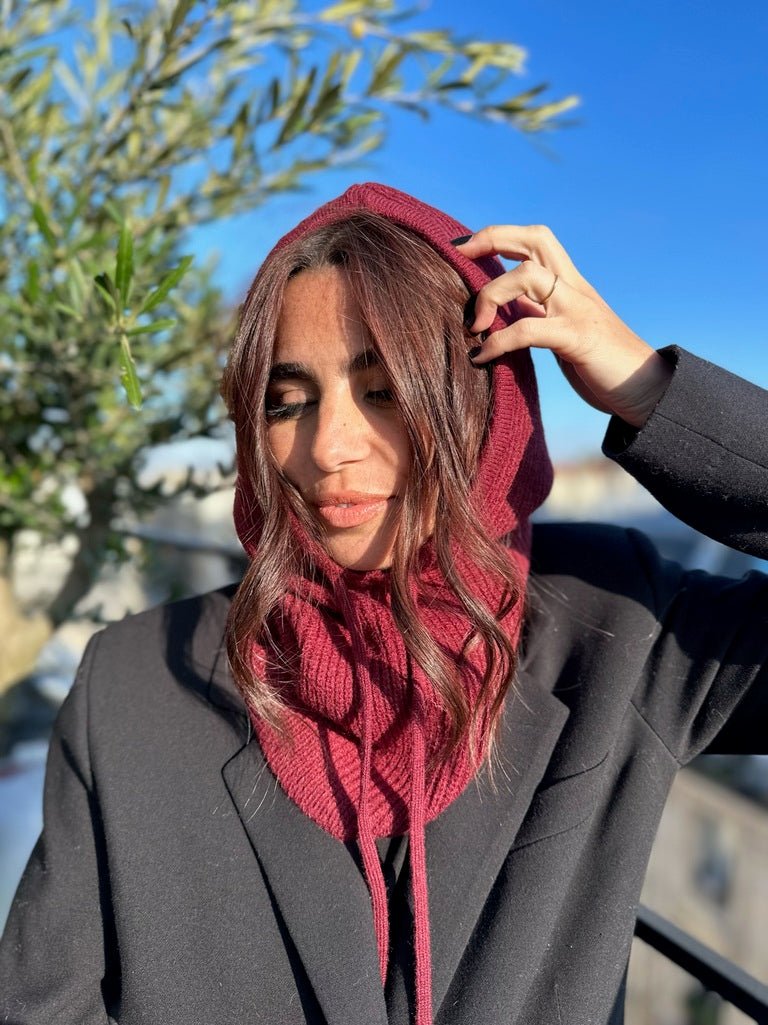 Cagoule mixte en laine et acrylique – Bordeaux – vue 1