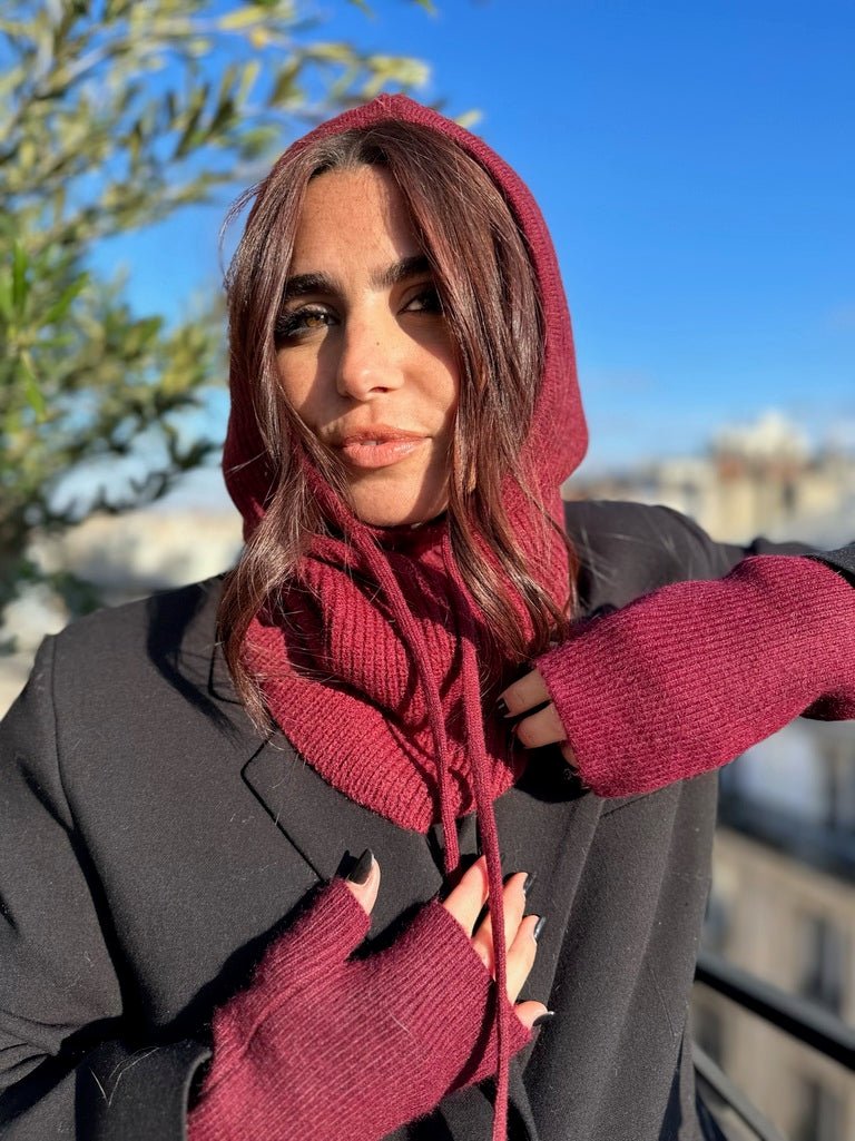 Cagoule mixte en laine et acrylique – Bordeaux – vue 2