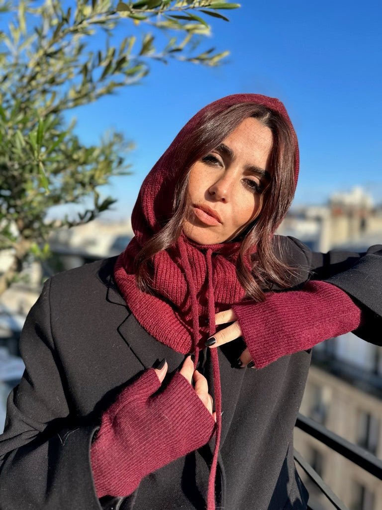 Cagoule mixte en laine et acrylique – Bordeaux – vue 3