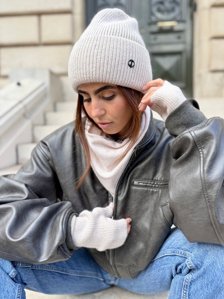 Coffret Triangle Bandana, Bonnet & Mitaines en Laine et Cachemire Beige - Joe & Mey