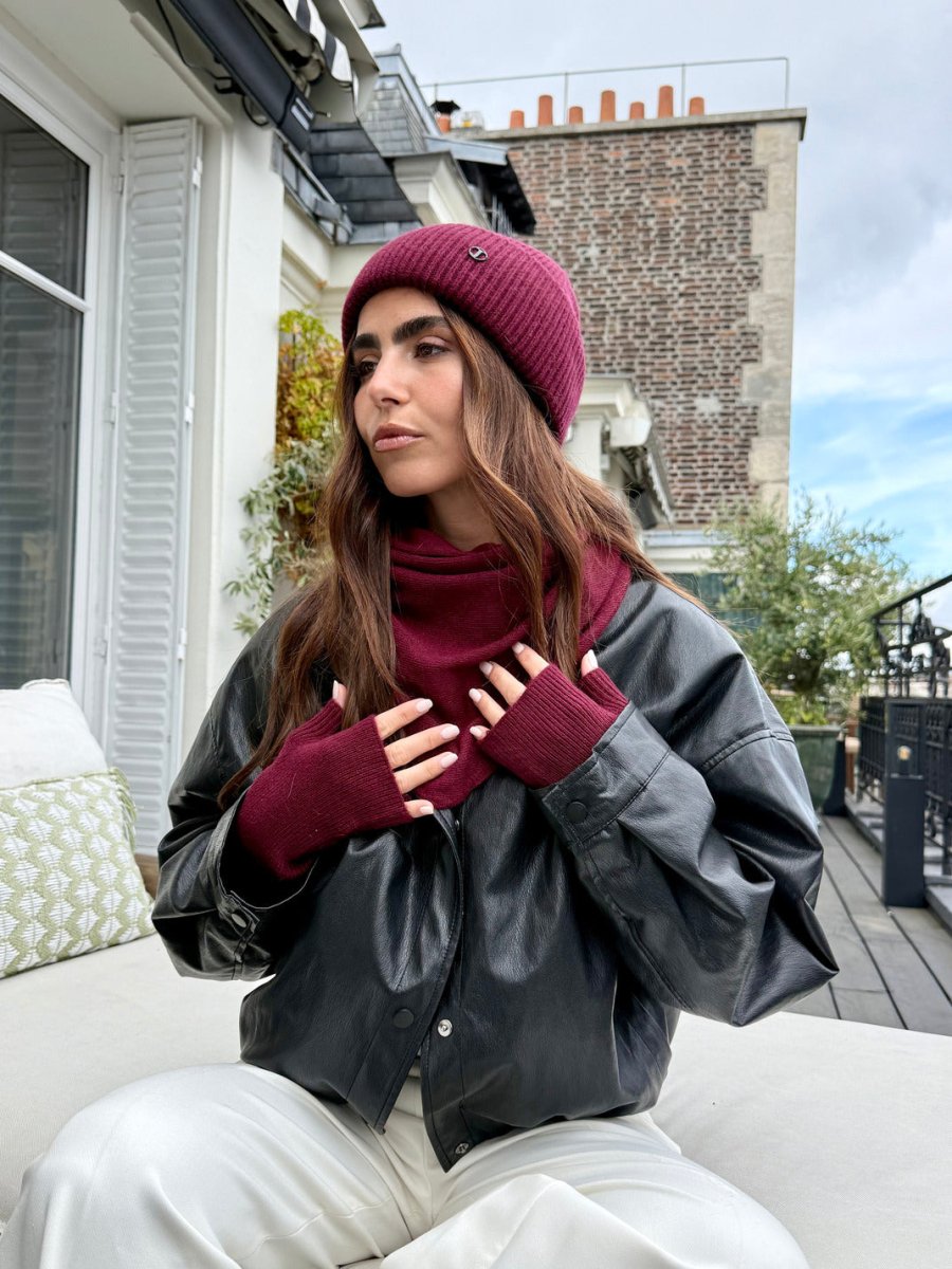 Coffret Triangle, bonnet et mitaines en laine et cachemire – Bordeaux