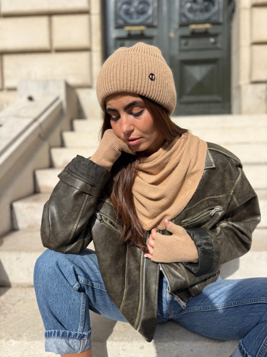 Coffret Triangle Bandana, Bonnet & Mitaines en Laine et Cachemire Camel - Joe & Mey