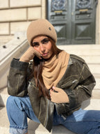 Coffret Triangle Bandana, Bonnet & Mitaines en Laine et Cachemire Camel - Joe & Mey