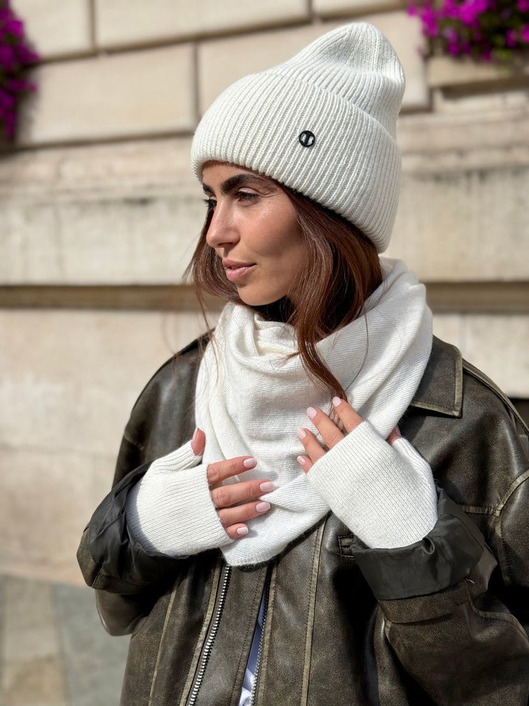 Coffret Triangle, bonnet et mitaines en laine et cachemire – Blanc