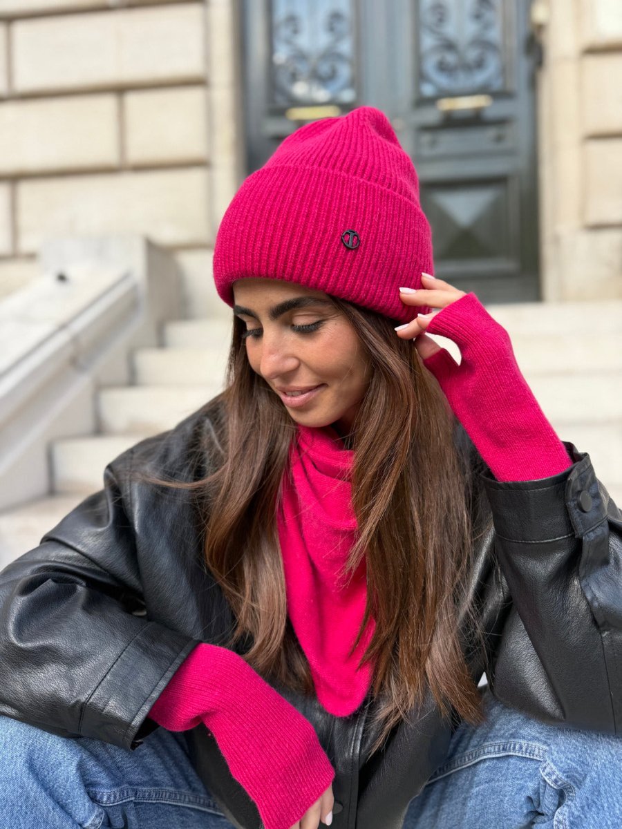 Coffret Triangle Bandana, Bonnet & Mitaines en Laine et Cachemire Fushia - Joe & Mey