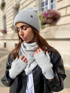Coffret Triangle Bandana, Bonnet & Mitaines en Laine et Cachemire Gris chiné claire - Joe & Mey