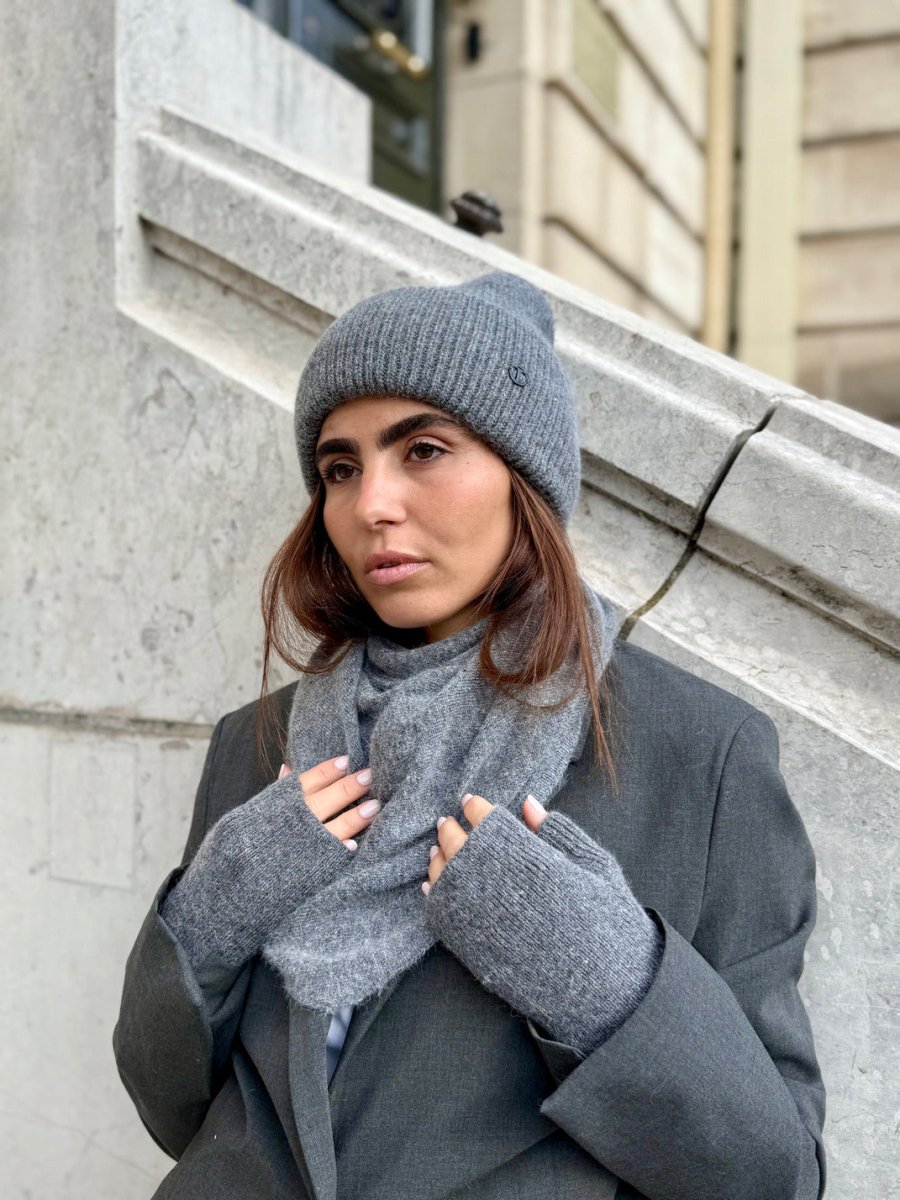 Coffret Triangle, bonnet et mitaines en laine et cachemire – Gris chiné foncé