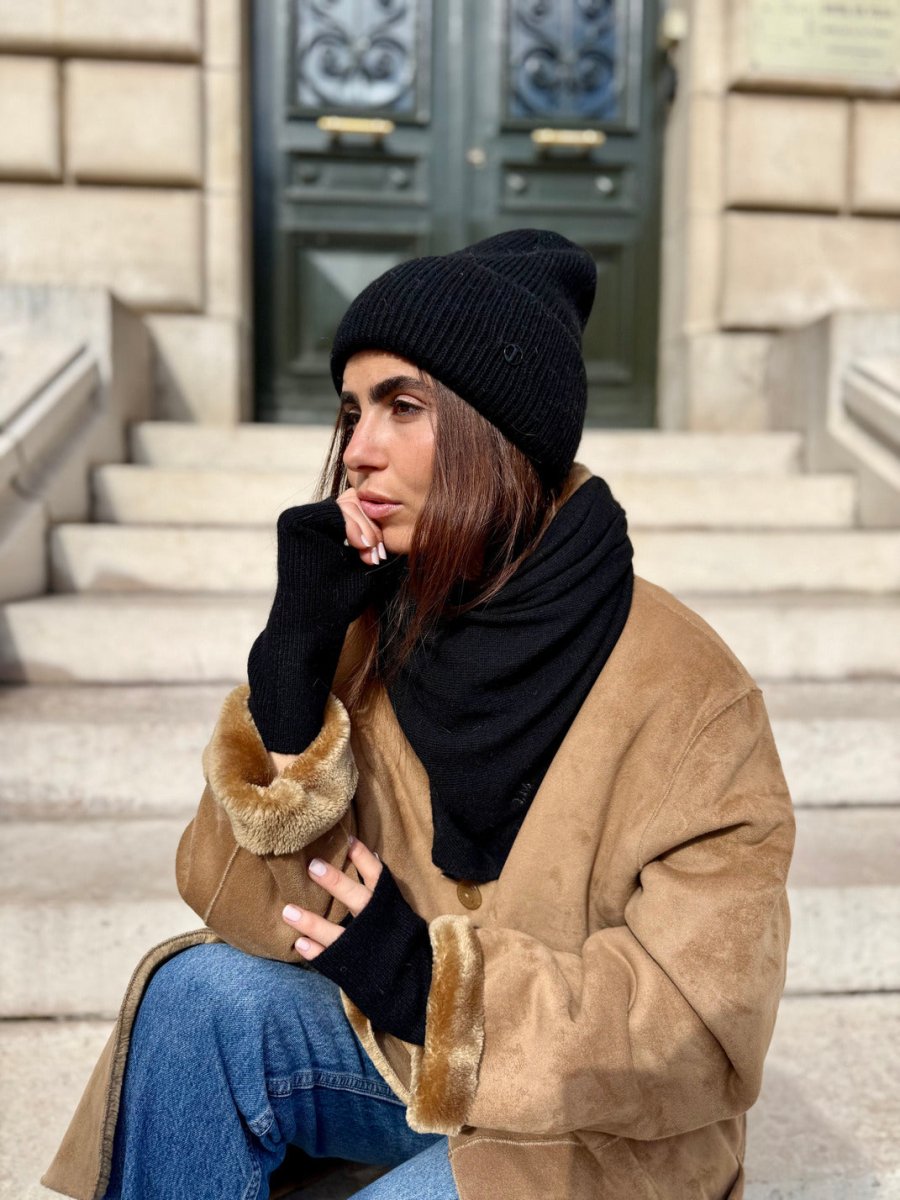 Coffret Triangle Bandana, Bonnet & Mitaines en Laine et Cachemire Noir - Joe & Mey