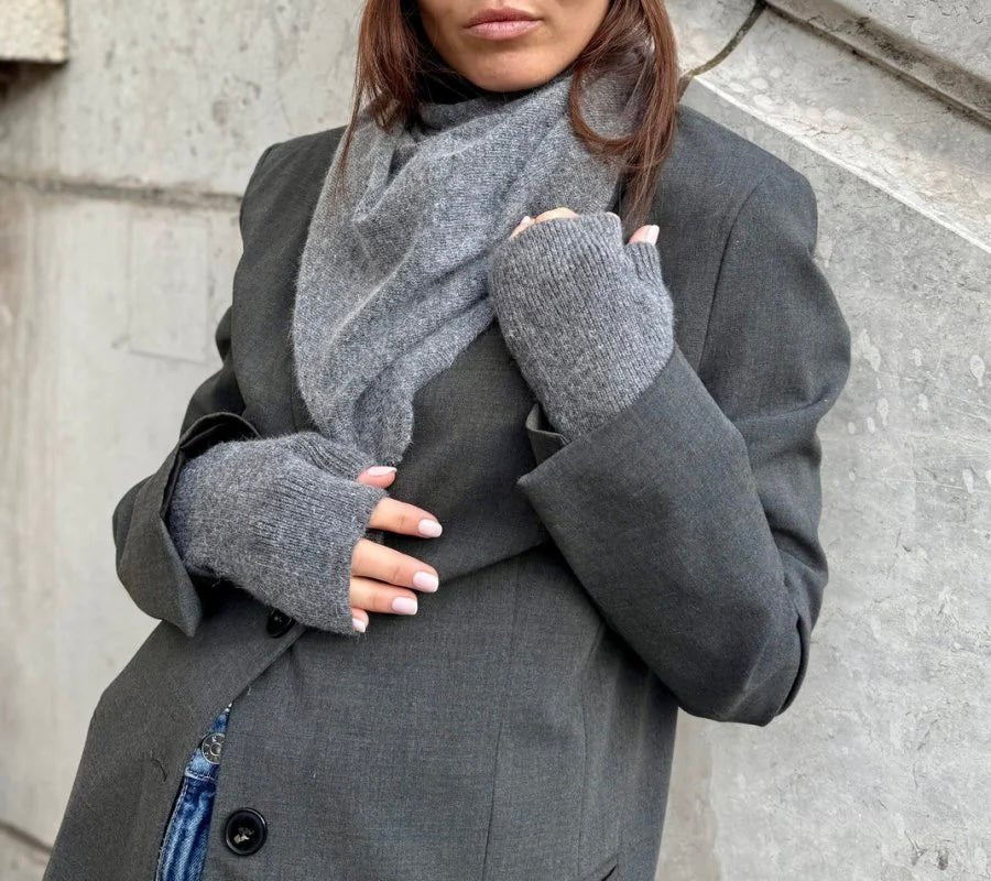 Coffret Triangle et mitaines en laine et cachemire – Gris chiné foncé