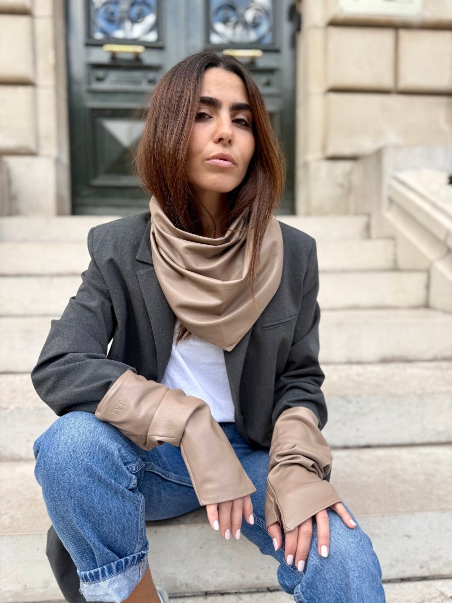 Coffret Triangle & Mitaines effet cuir vegan taupe - Joe & Mey