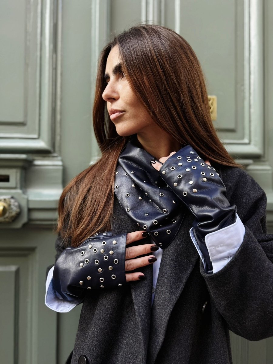 Coffret Triangle & Mitaines Œillets argent Bleu marine - Joe & Mey