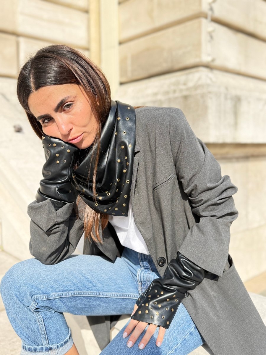 Coffret Triangle et mitaines effet cuir vegan à œillets – Noir doré