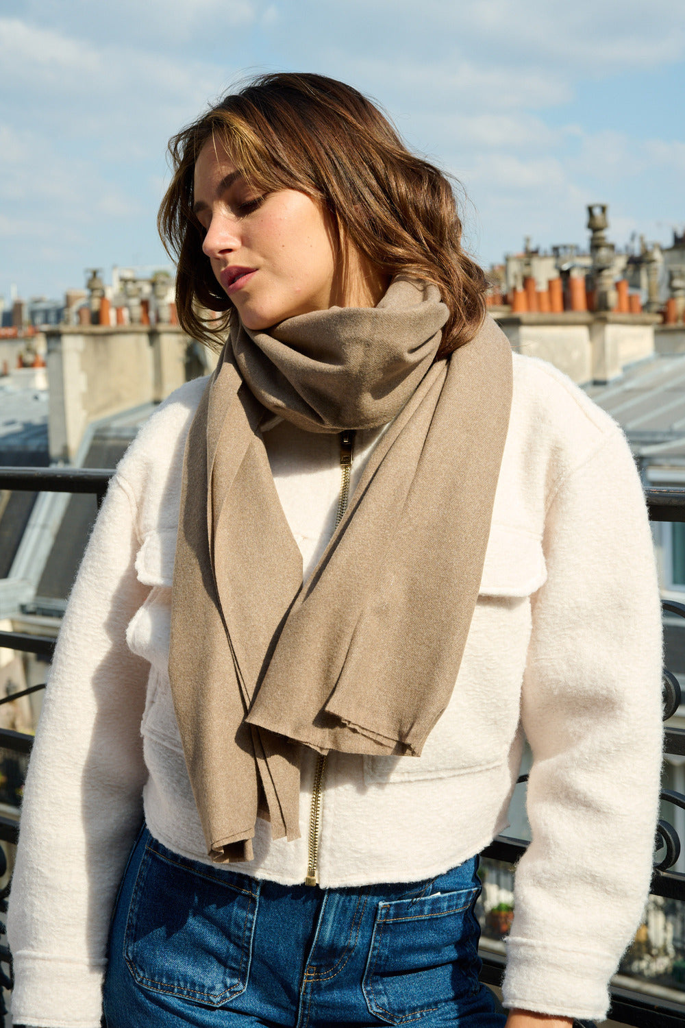 Étole en cachemire et laine – Taupe – vue 1