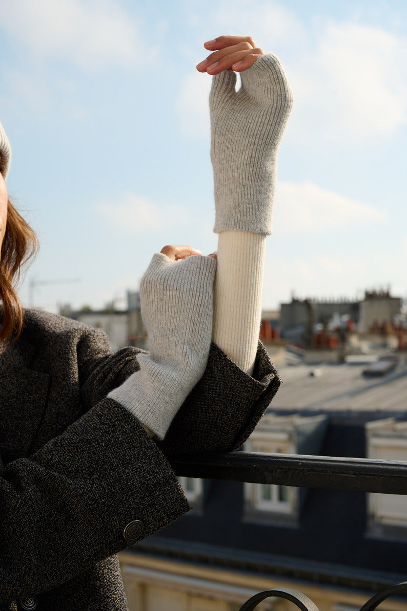 Mitaines en laine et cachemire – Gris chiné clair – vue 1