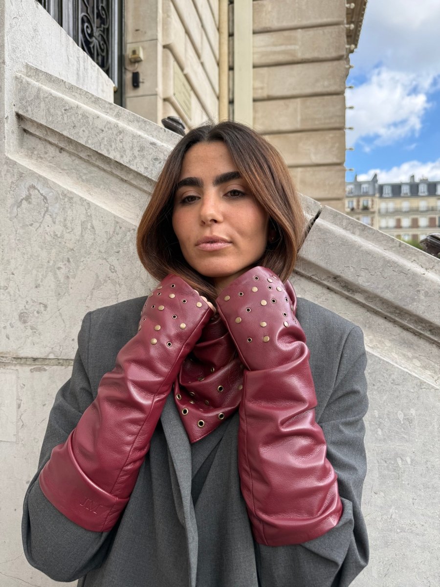 Mitaines longues effet cuir vegan à œillets – Bordeaux – vue 1