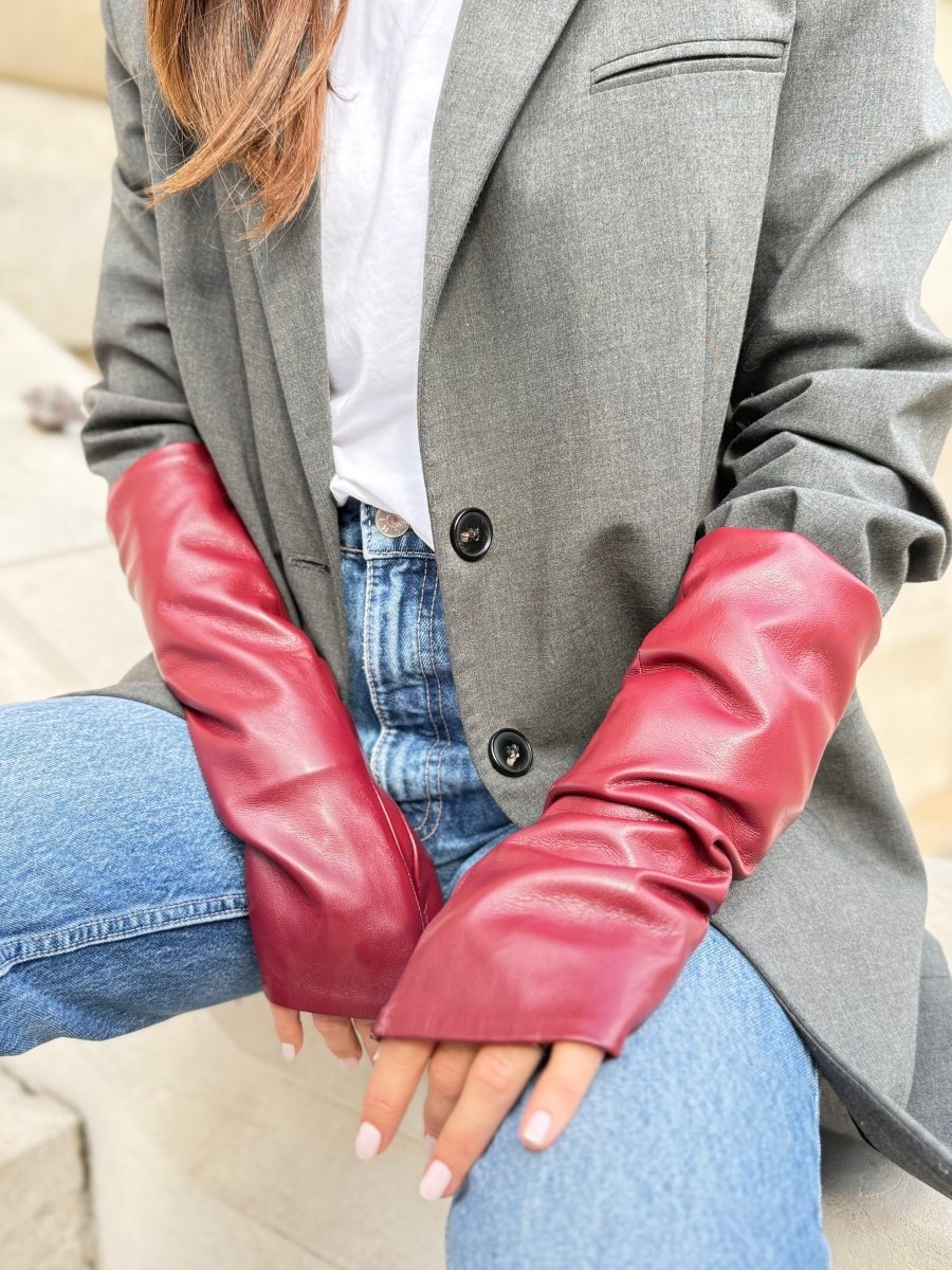Mitaines longues effet cuir vegan unies – Bordeaux