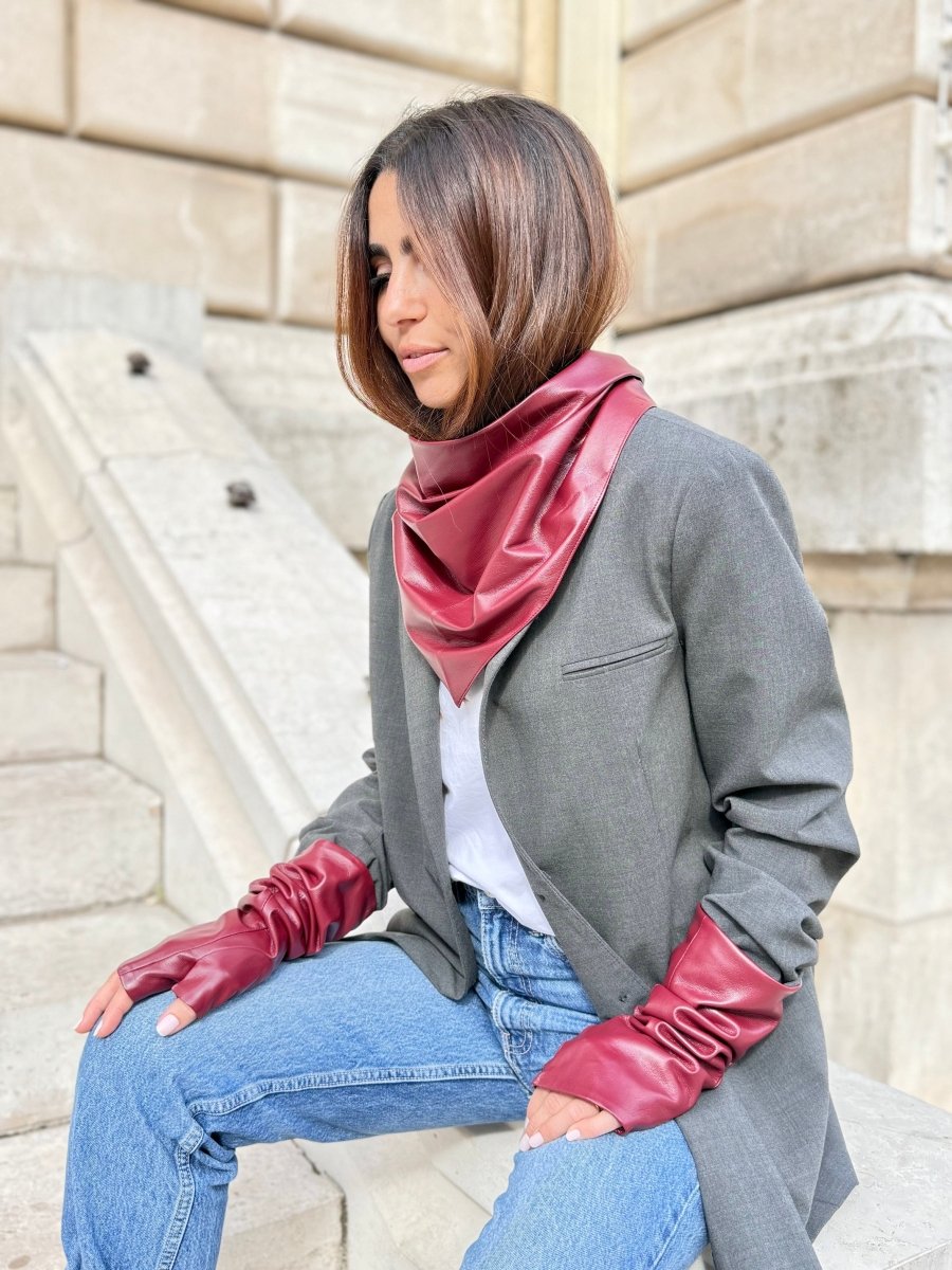Mitaines longues effet cuir vegan unies – Bordeaux – vue 2