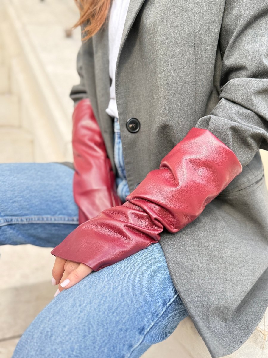 Mitaines longues effet cuir vegan unies – Bordeaux – vue 3