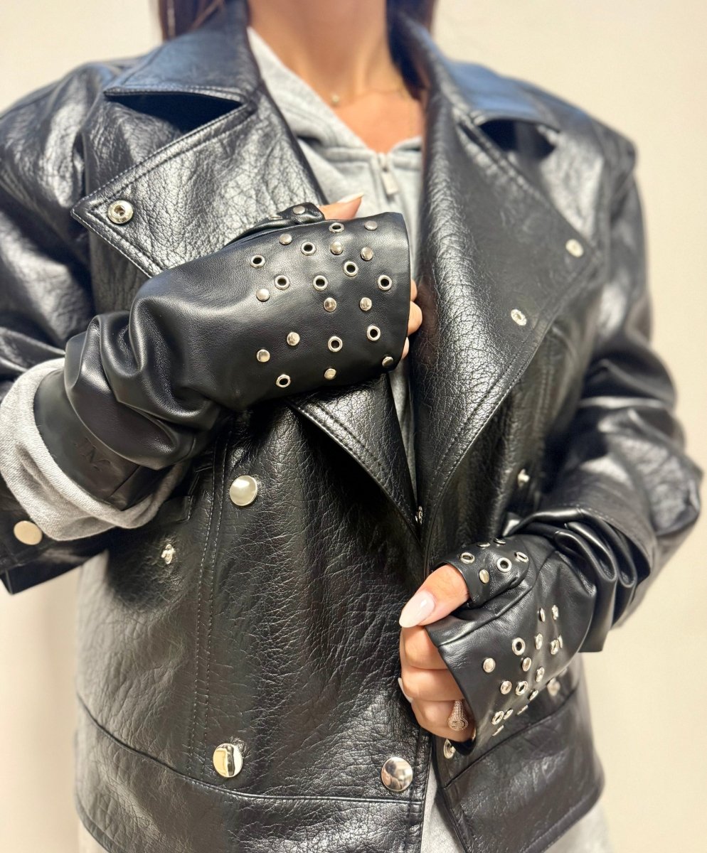 Mitaines longues vegan effet cuir Oeillet argent Noir - Joe & Mey