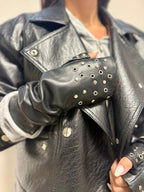 Mitaines longues vegan effet cuir Oeillet argent Noir - Joe & Mey