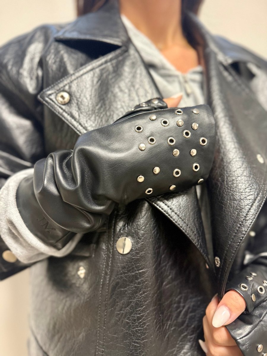 Mitaines longues vegan effet cuir Oeillet argent Noir - Joe & Mey